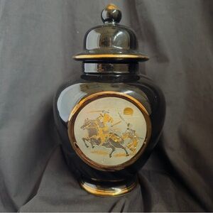 The Art of Chokin Black and Gold Decorative Lided Ginger Jar 9" Samurai Warrior